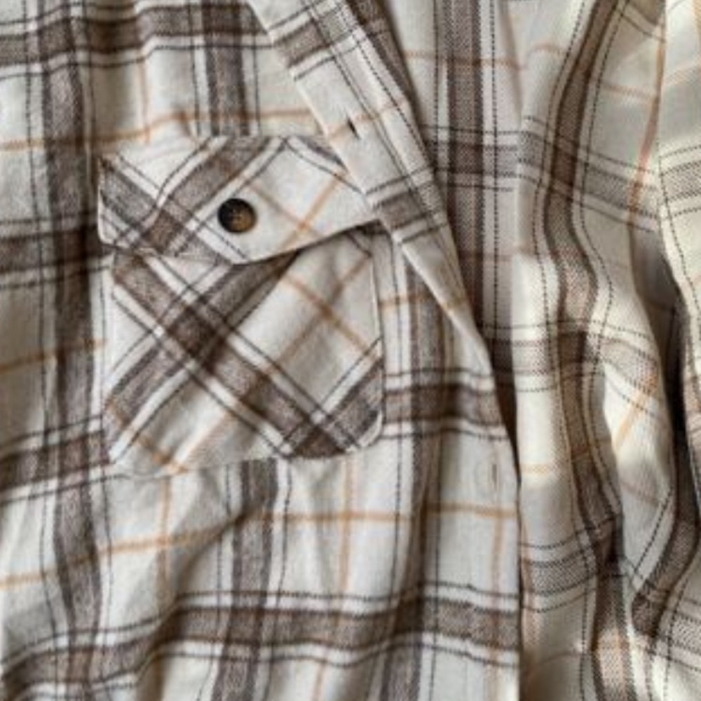 Beige Cream Plaid Button Up Pocket Long Sleeve Top Blouse - Picture 3 of 4